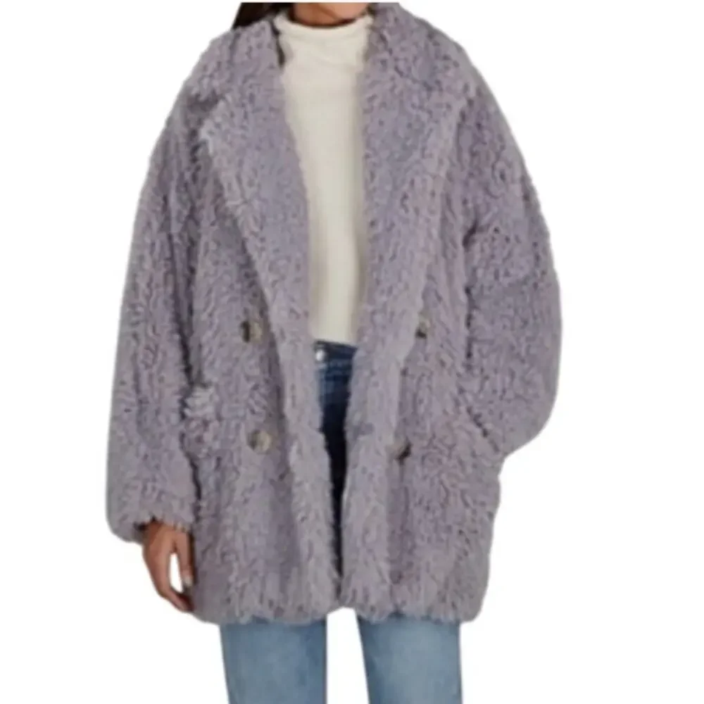 Free People Honeypie Teddy Jacket Coat Cloudy Day Gray Double Breasted Women XS